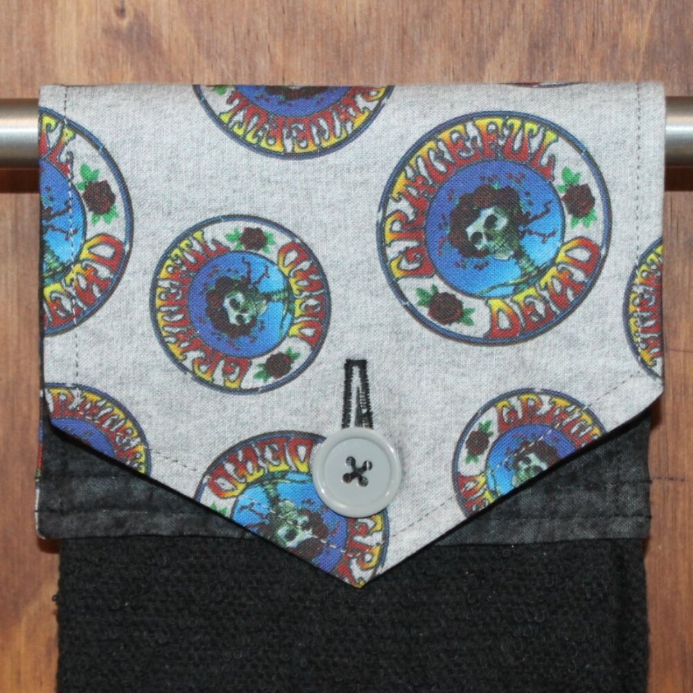 GRATEFUL DEAD SKULL HAND TOWEL GRAY BLACK HANDMADE HANGING KITCHEN BLACK TOWEL